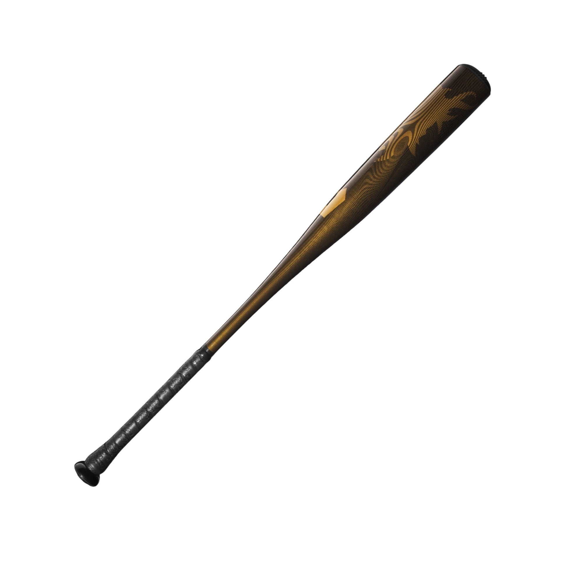 Wooden baseball bat with black and gold design on a white background
