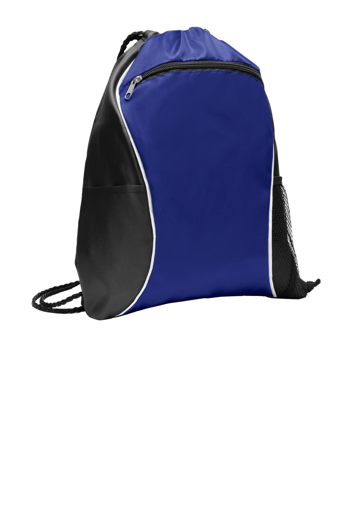 Blue drawstring bag with black accents on a white background