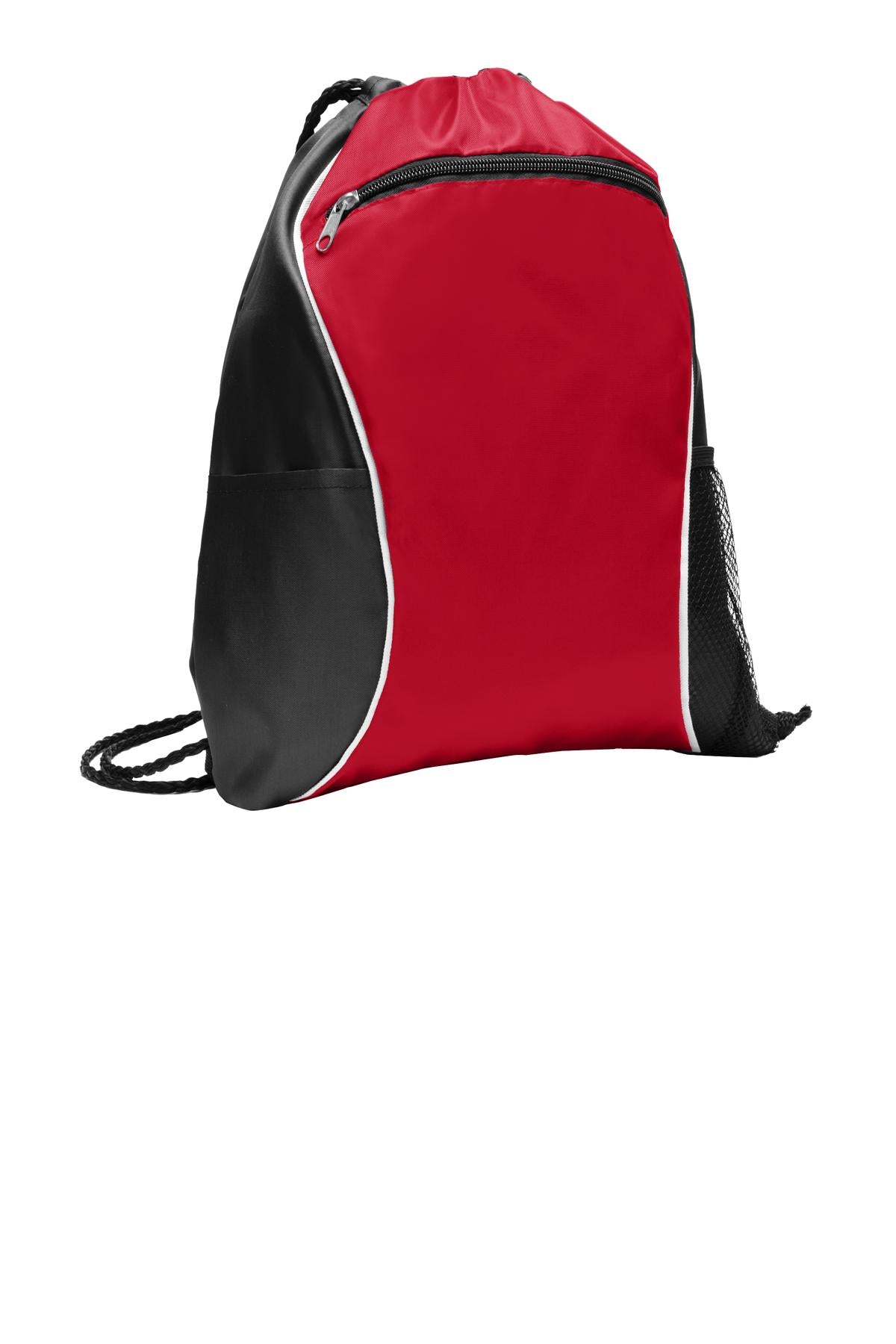 Red drawstring bag with black accents on a white background