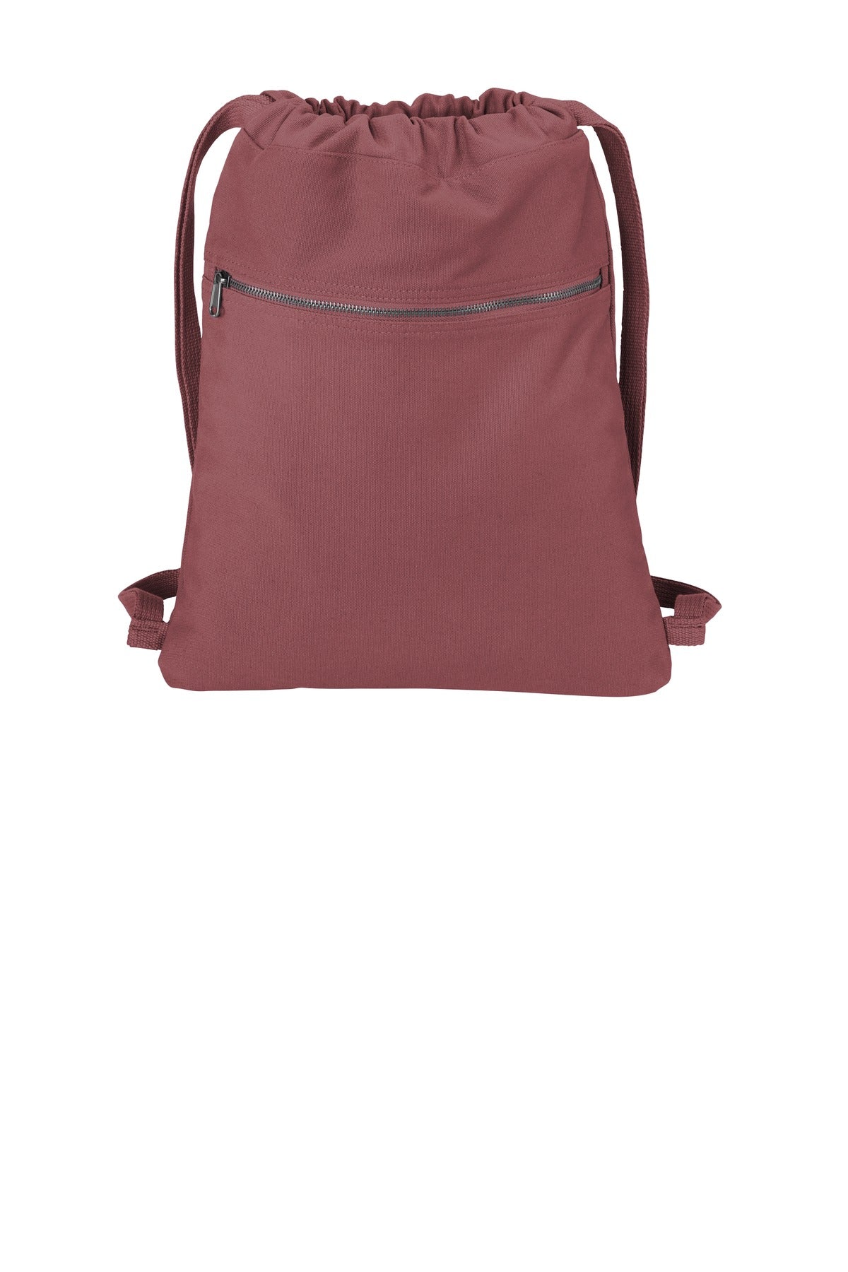 Maroon drawstring bag with a small zipper pocket on a white background