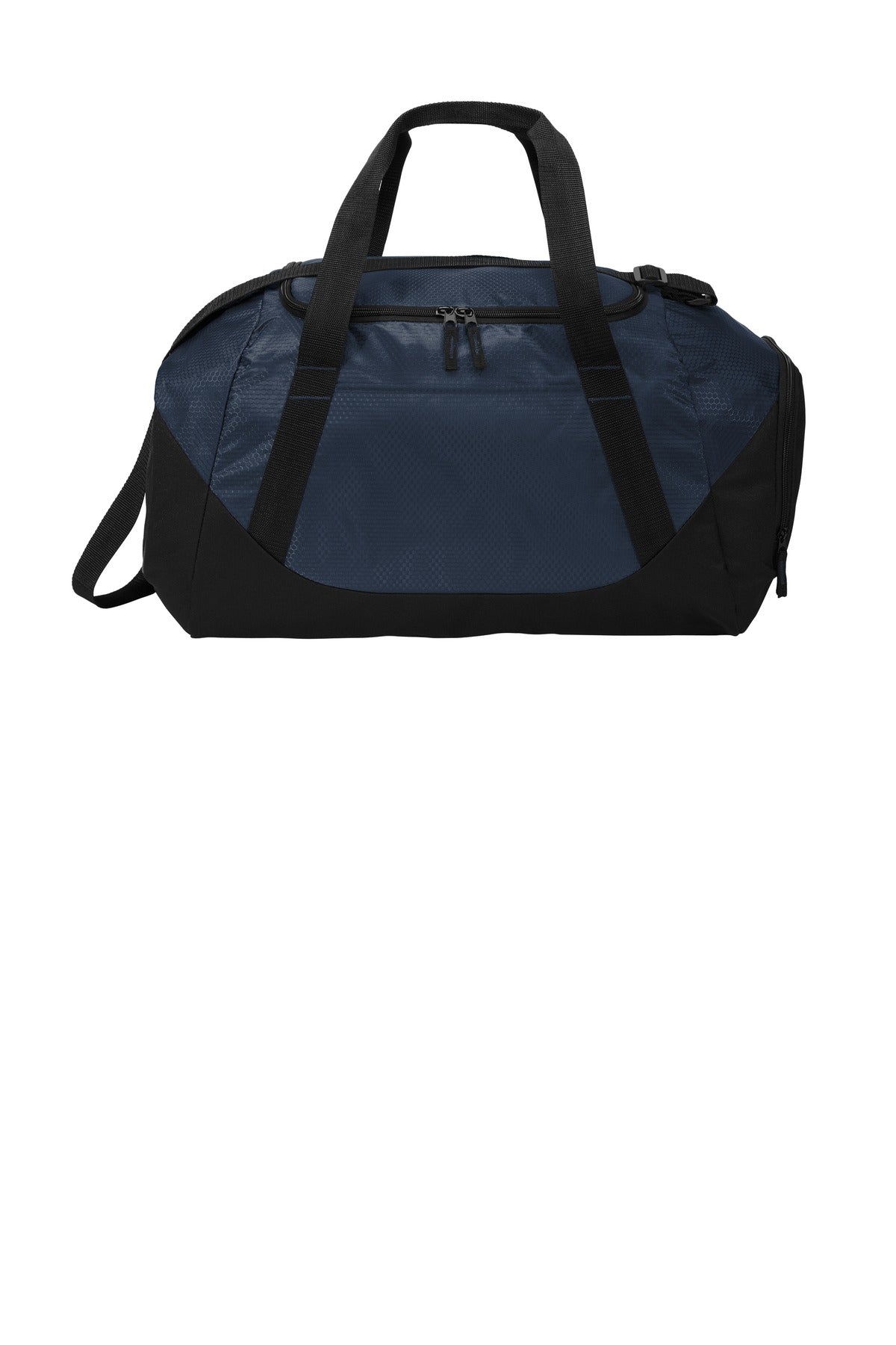 Black and navy duffel bag on a white background