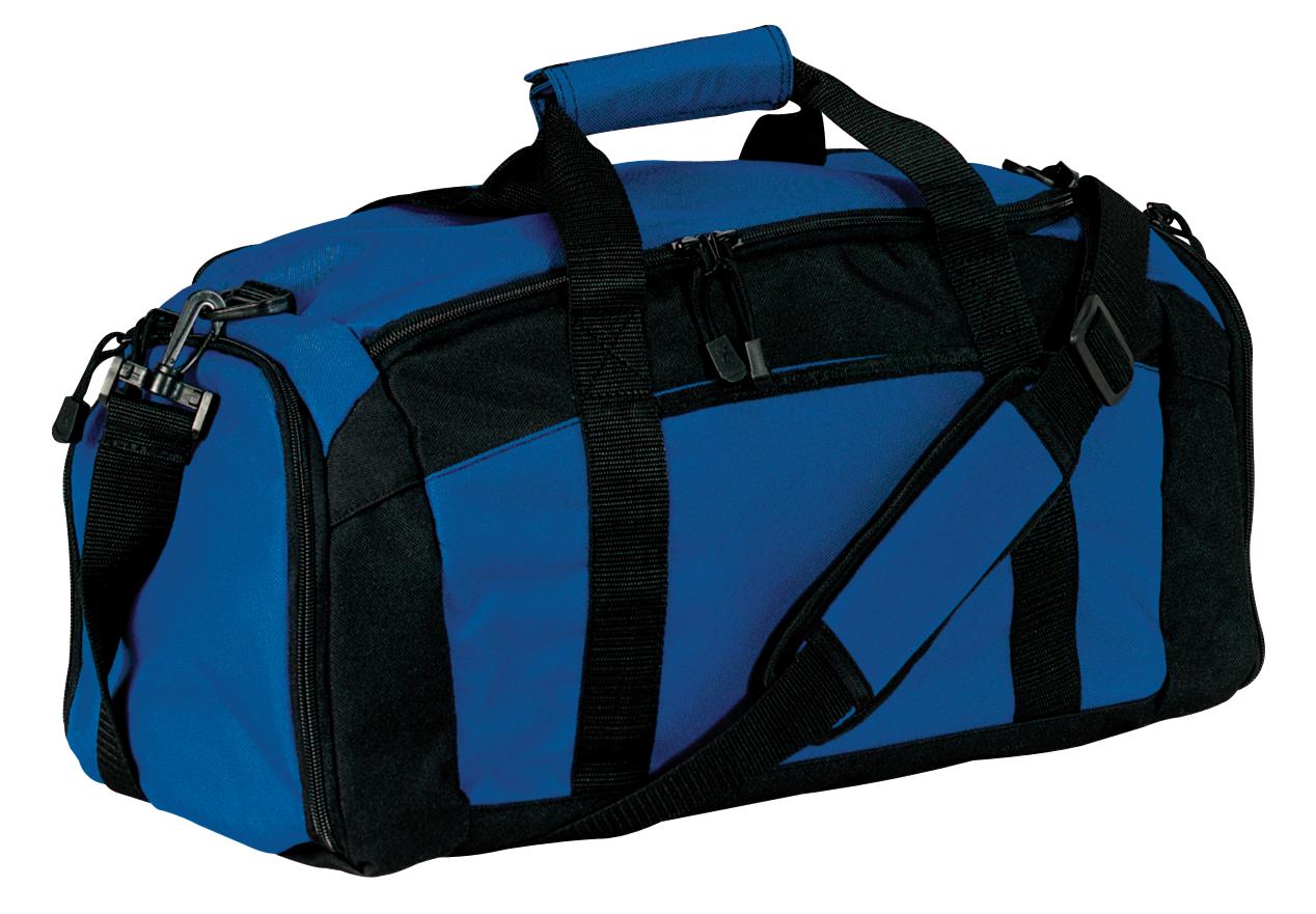 Blue and black duffel bag on a white background