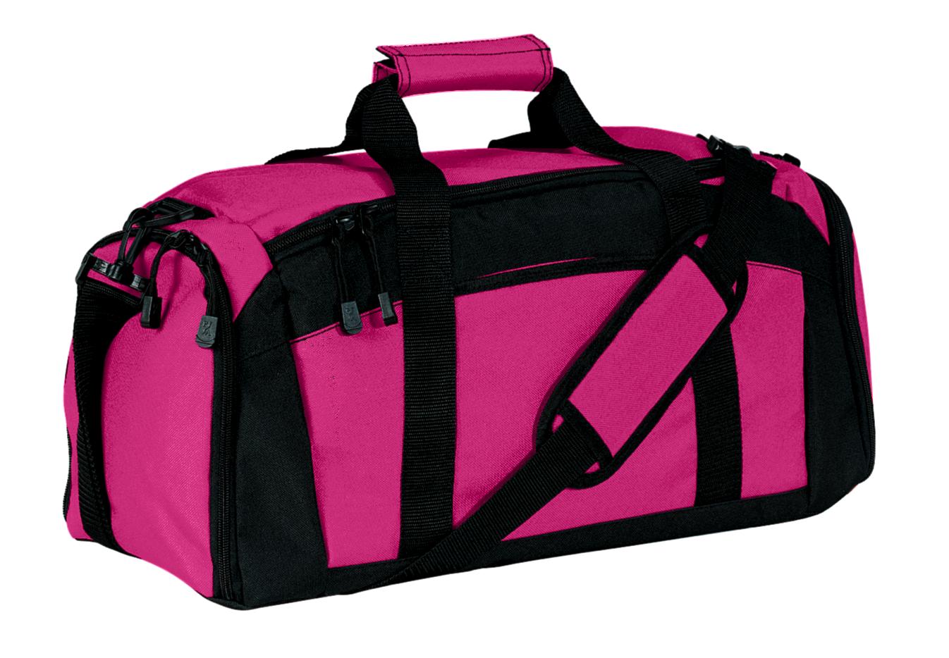 Pink duffel bag with black straps and accents on a white background
