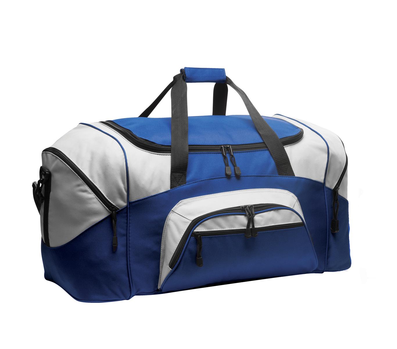 Blue and white duffel bag with black straps on a white background