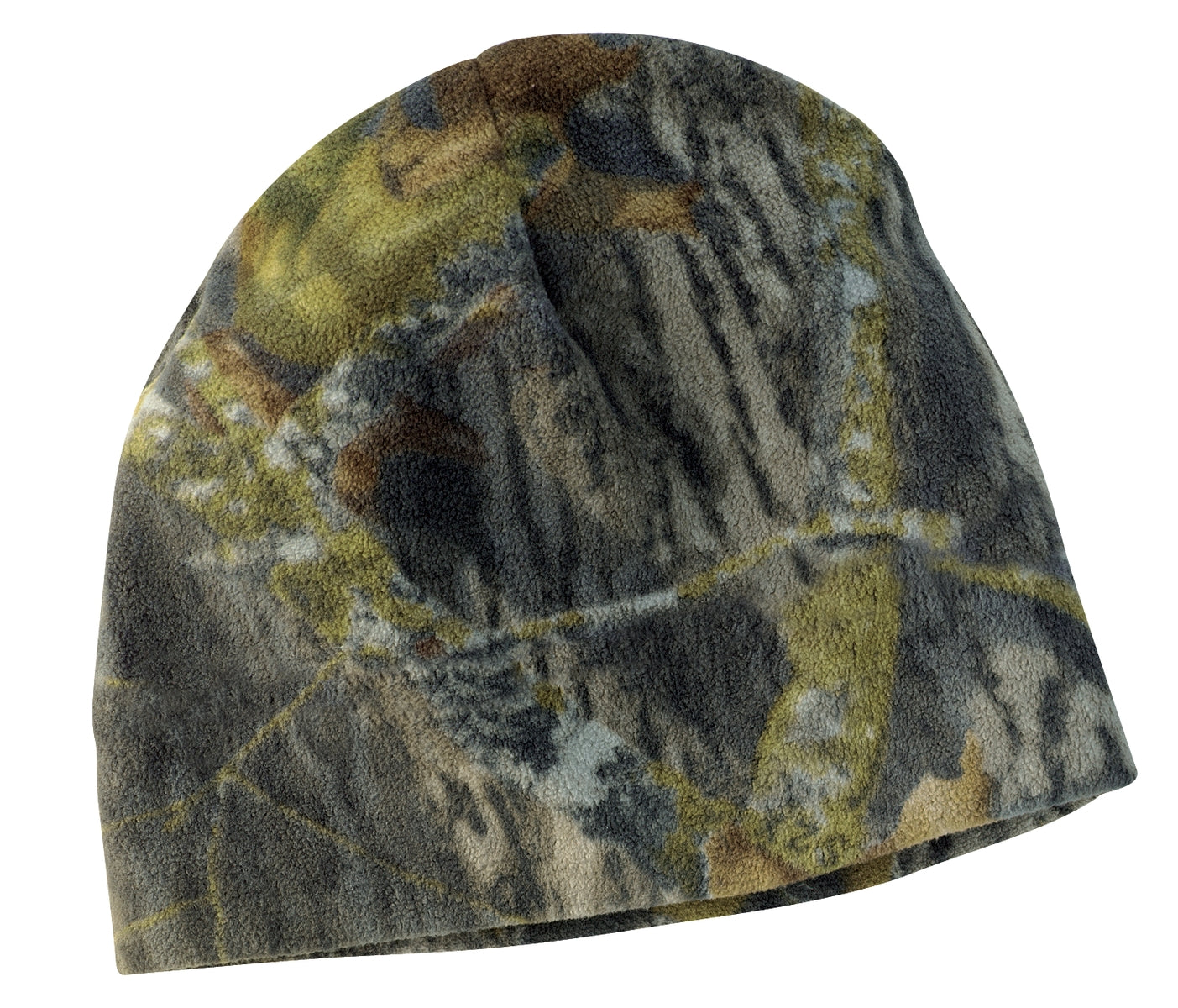 Camouflage-patterned beanie on a white background