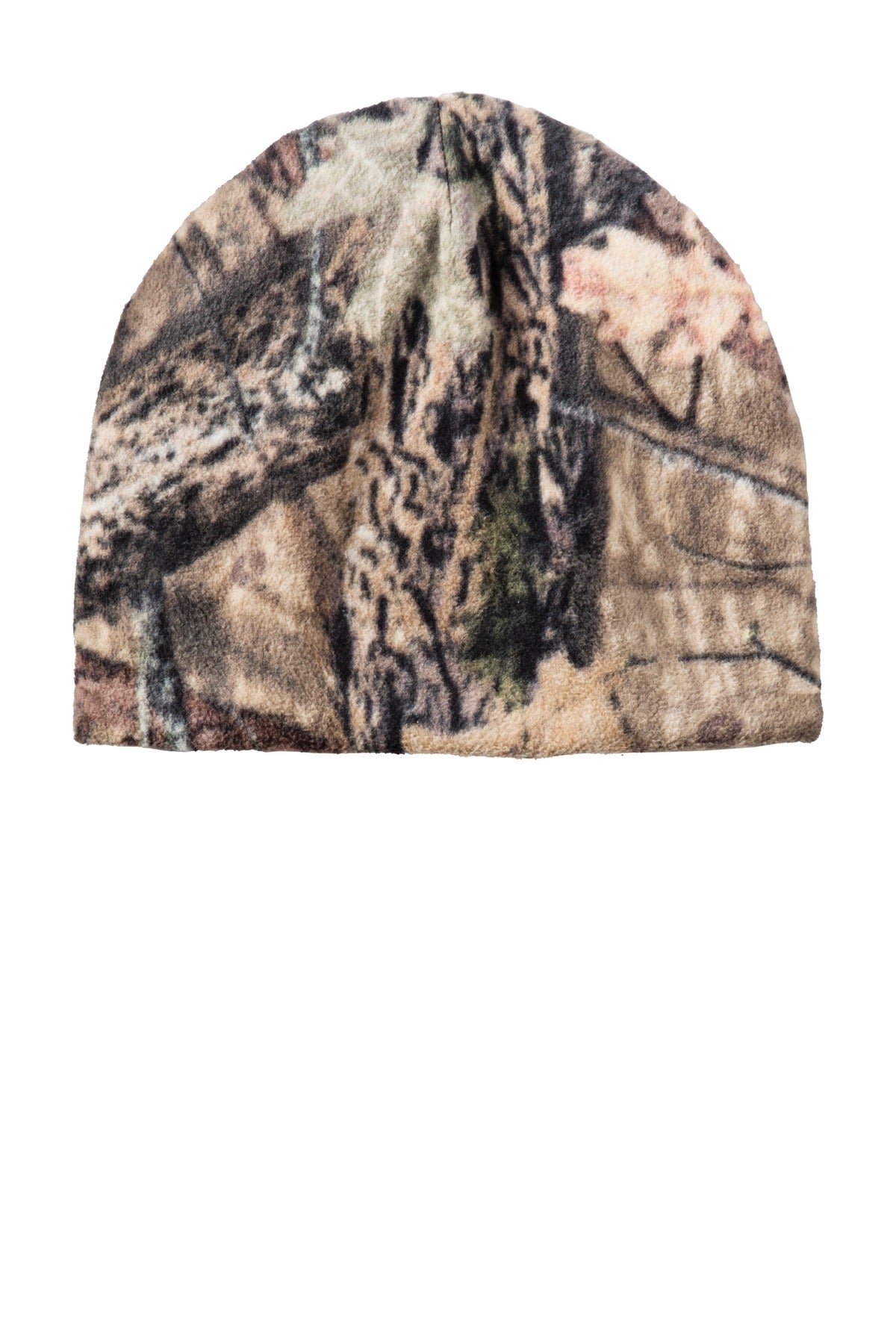 Camouflage-patterned beanie on a white background