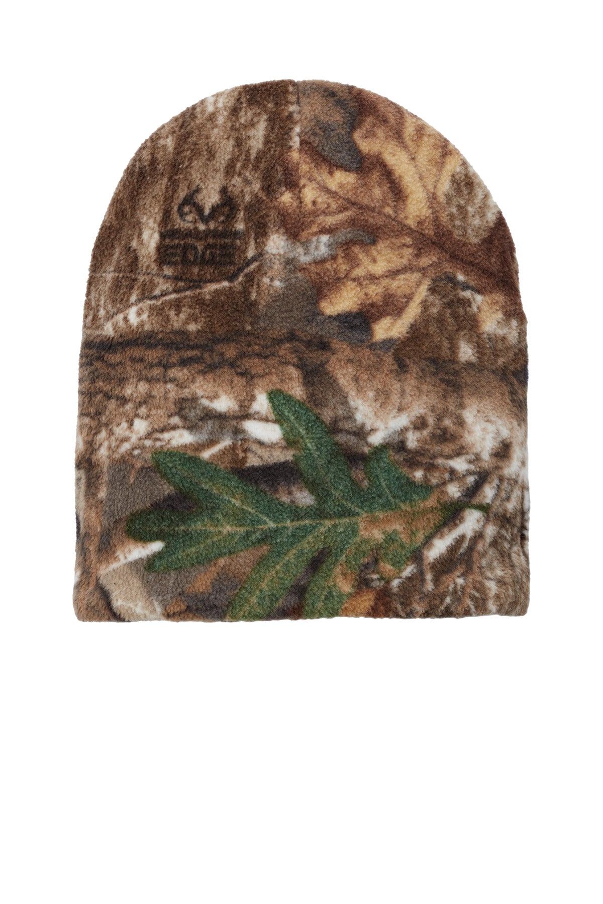Camouflage beanie with a leaf design on a white background