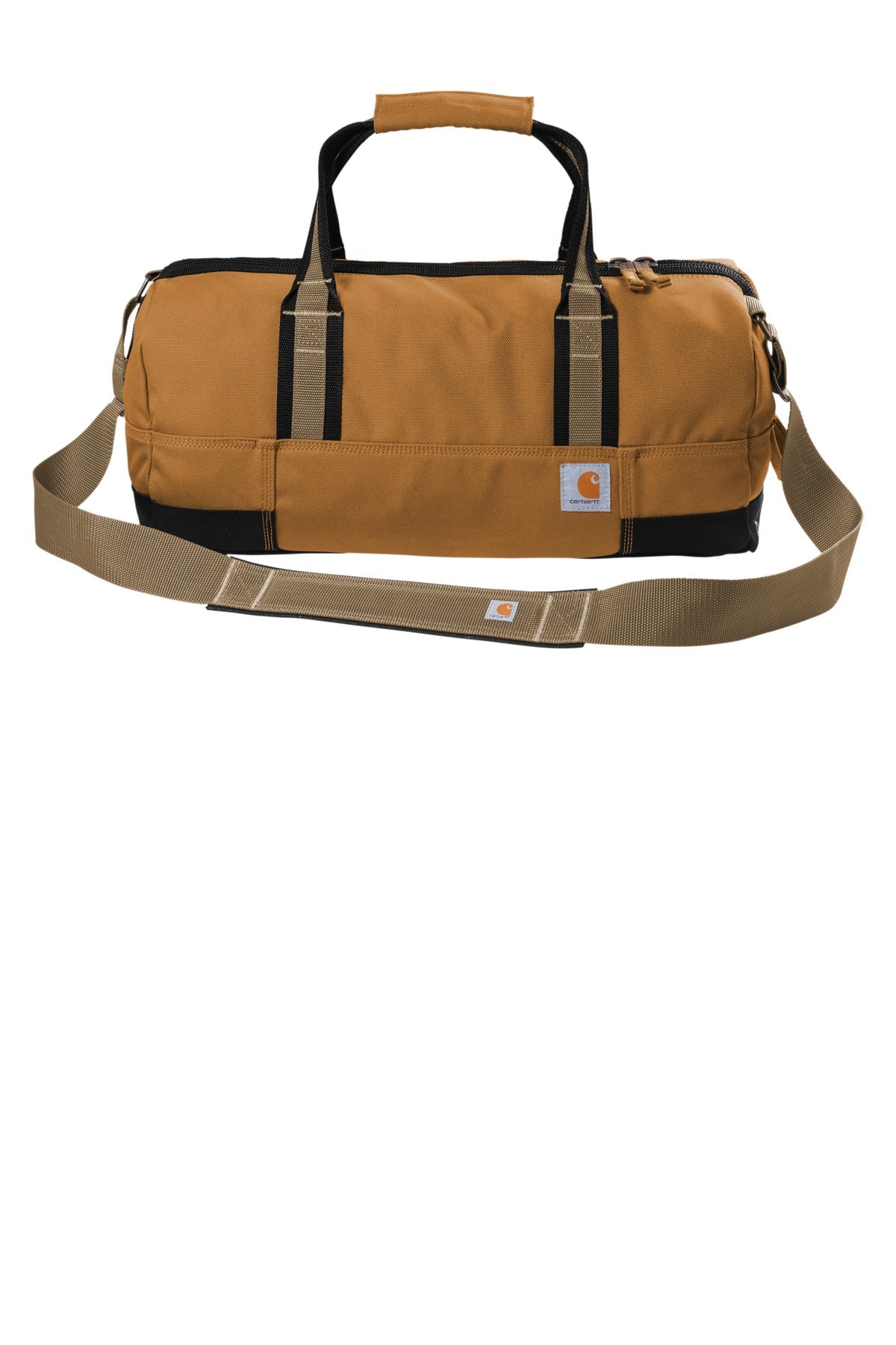 Brown duffel bag with black accents on a white background