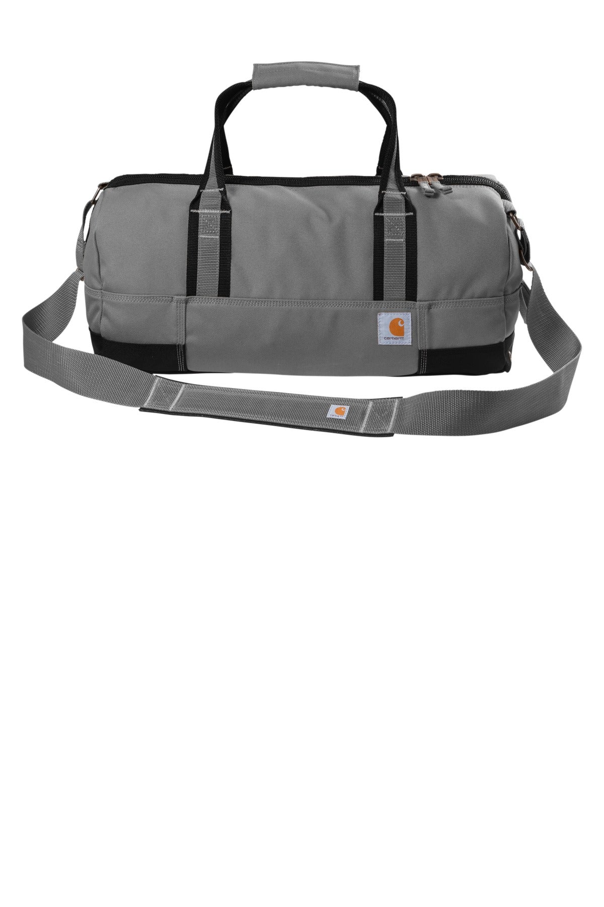 Gray duffel bag with black accents on a white background
