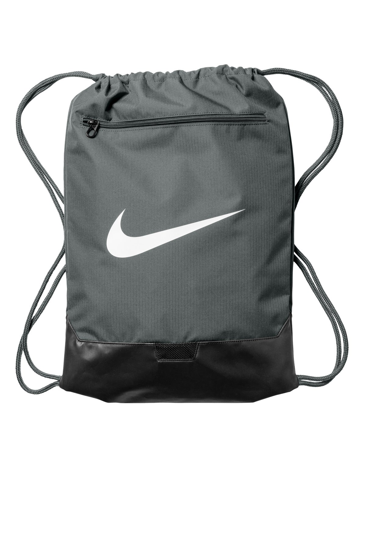 Gray drawstring bag with Nike logo on a white background