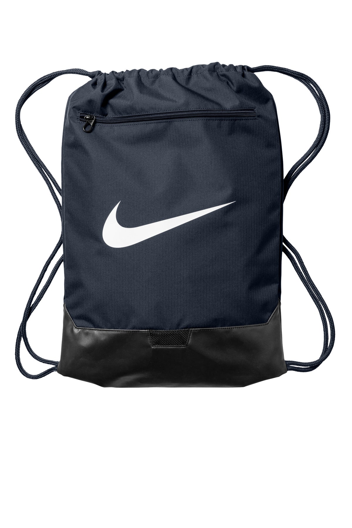 Black drawstring bag with a white Nike logo on a white background