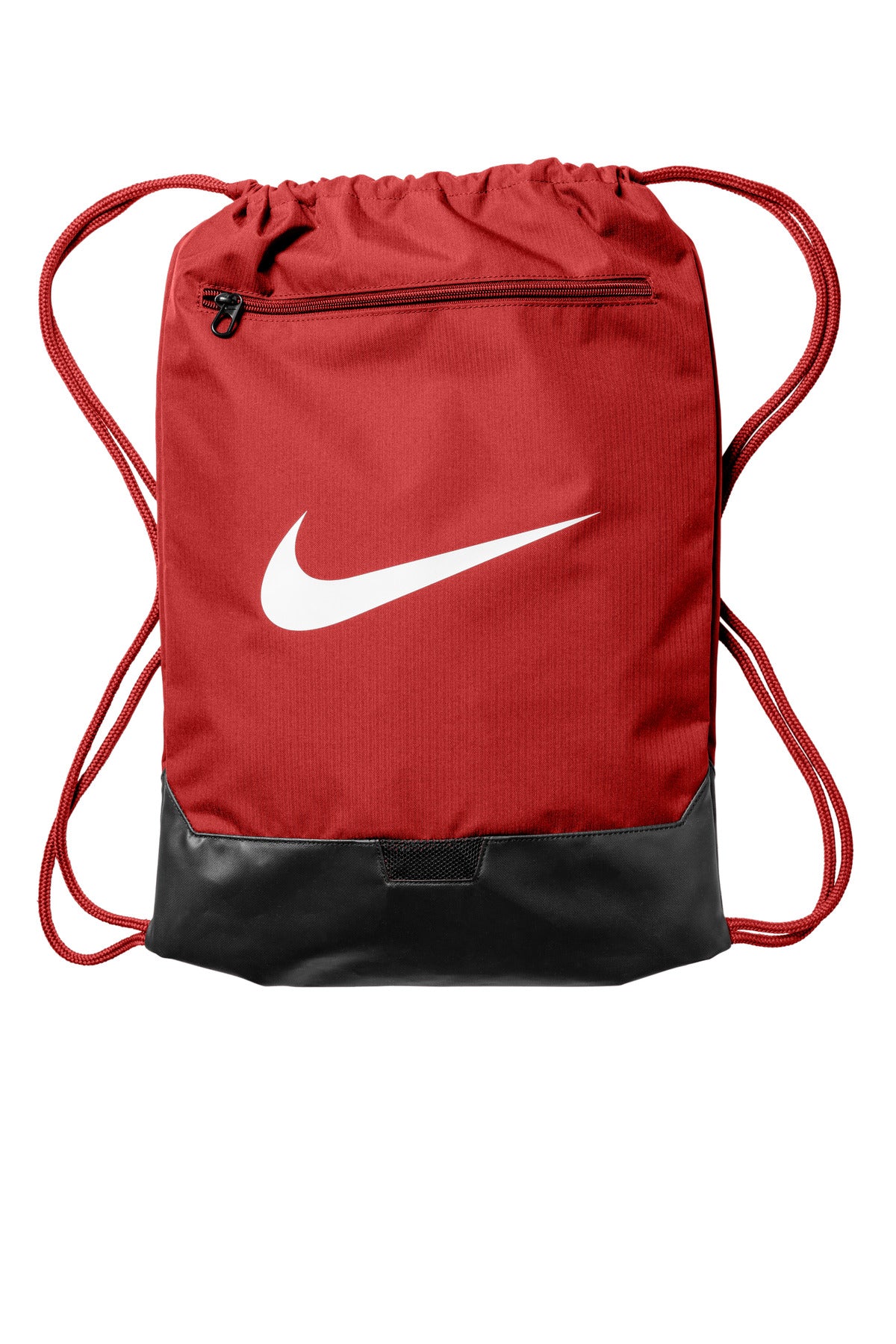 Red drawstring bag with a black base and white Nike logo on a white background