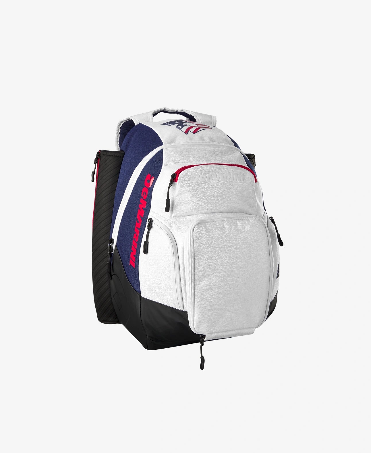 White backpack with red and blue accents on a white background