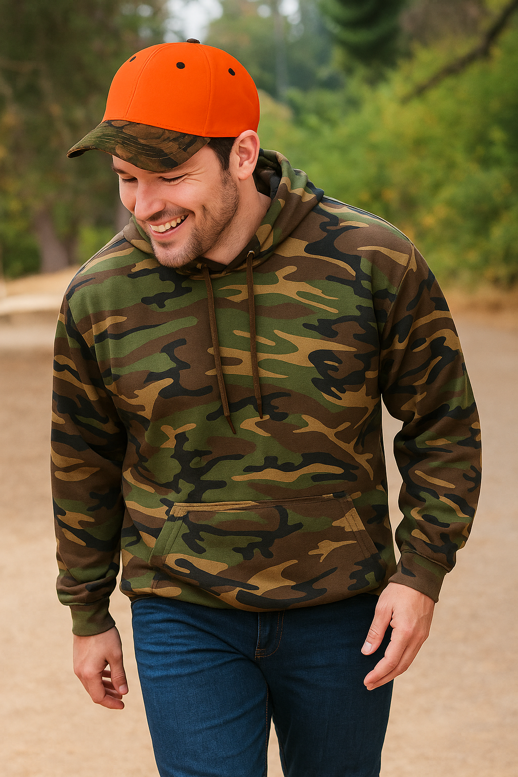 man in a camo sweatshirt and jeans with an orange hat that has a camo bill