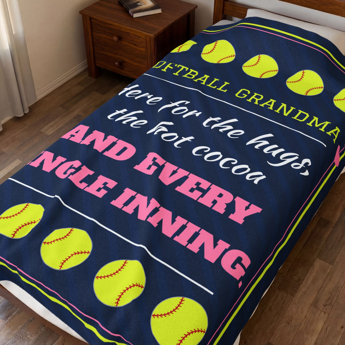Softball Grandma Velveteen Plush Blanket, Here for the Hugs, the Hot Cocoa and Every Single Inning
