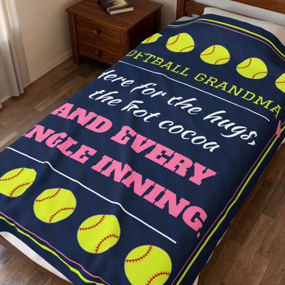 Softball Grandma Velveteen Plush Blanket, Here for the Hugs, the Hot Cocoa and Every Single Inning