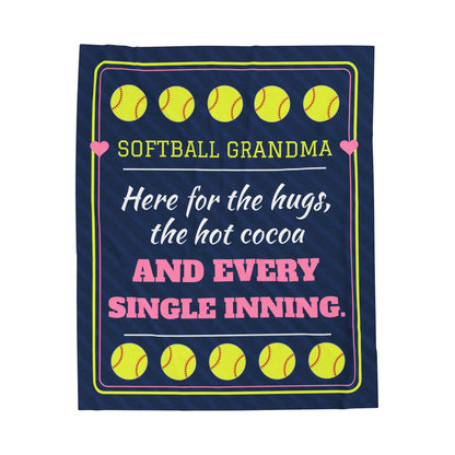 Softball Grandma Velveteen Plush Blanket, Here for the Hugs, the Hot Cocoa and Every Single Inning