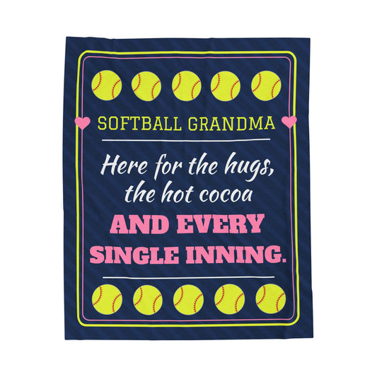Softball Grandma Velveteen Plush Blanket, Here for the Hugs, the Hot Cocoa and Every Single Inning