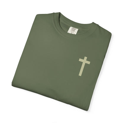 Christian Cross T-Shirt — "MORE GOD LESS ME" Garment-Dyed Faith Tee