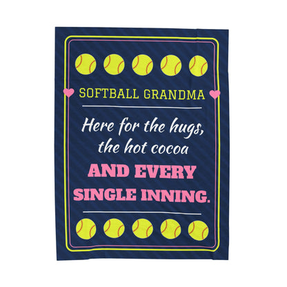 Softball Grandma Velveteen Plush Blanket, Here for the Hugs, the Hot Cocoa and Every Single Inning