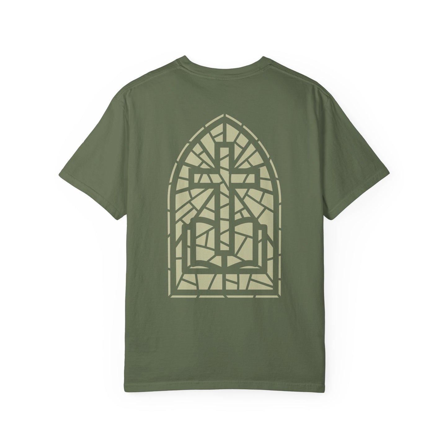Christian Cross & Bible T-Shirt — Stained Glass Church Design