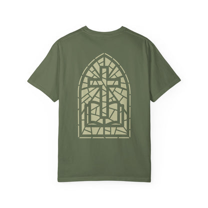 Christian Cross & Bible T-Shirt — Stained Glass Church Design