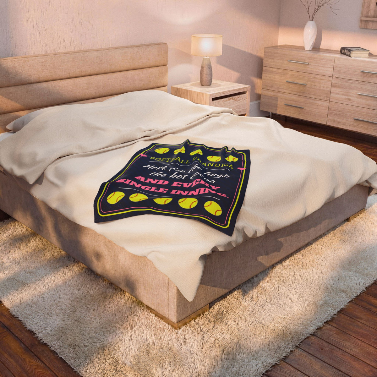 Softball Grandma Velveteen Plush Blanket, Here for the Hugs, the Hot Cocoa and Every Single Inning