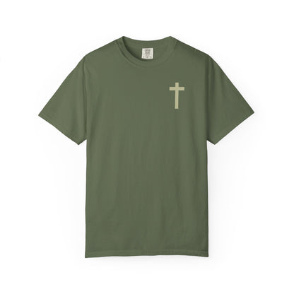 Christian Cross T-Shirt — "MORE GOD LESS ME" Garment-Dyed Faith Tee
