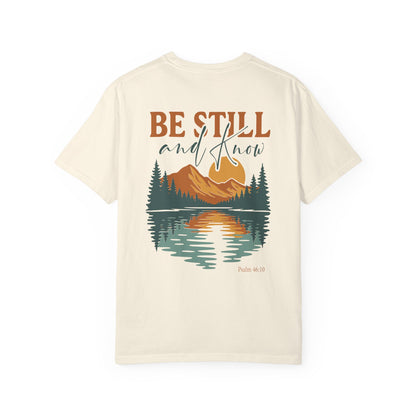 Be Still Scenic T-Shirt — "Be Still and Know" Mountain Lake Tee