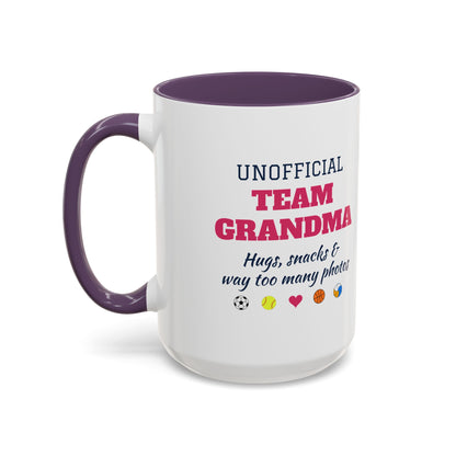 Unofficial Team Grandma Coffee Mug, Hugs, Snacks and Way Too Many Photos