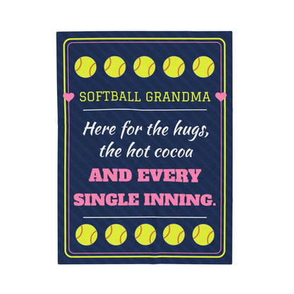 Softball Grandma Velveteen Plush Blanket, Here for the Hugs, the Hot Cocoa and Every Single Inning