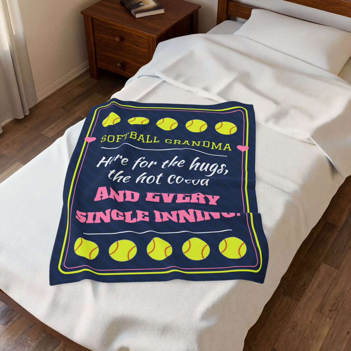 Softball Grandma Velveteen Plush Blanket, Here for the Hugs, the Hot Cocoa and Every Single Inning