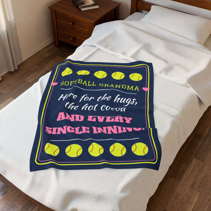 Softball Grandma Velveteen Plush Blanket, Here for the Hugs, the Hot Cocoa and Every Single Inning