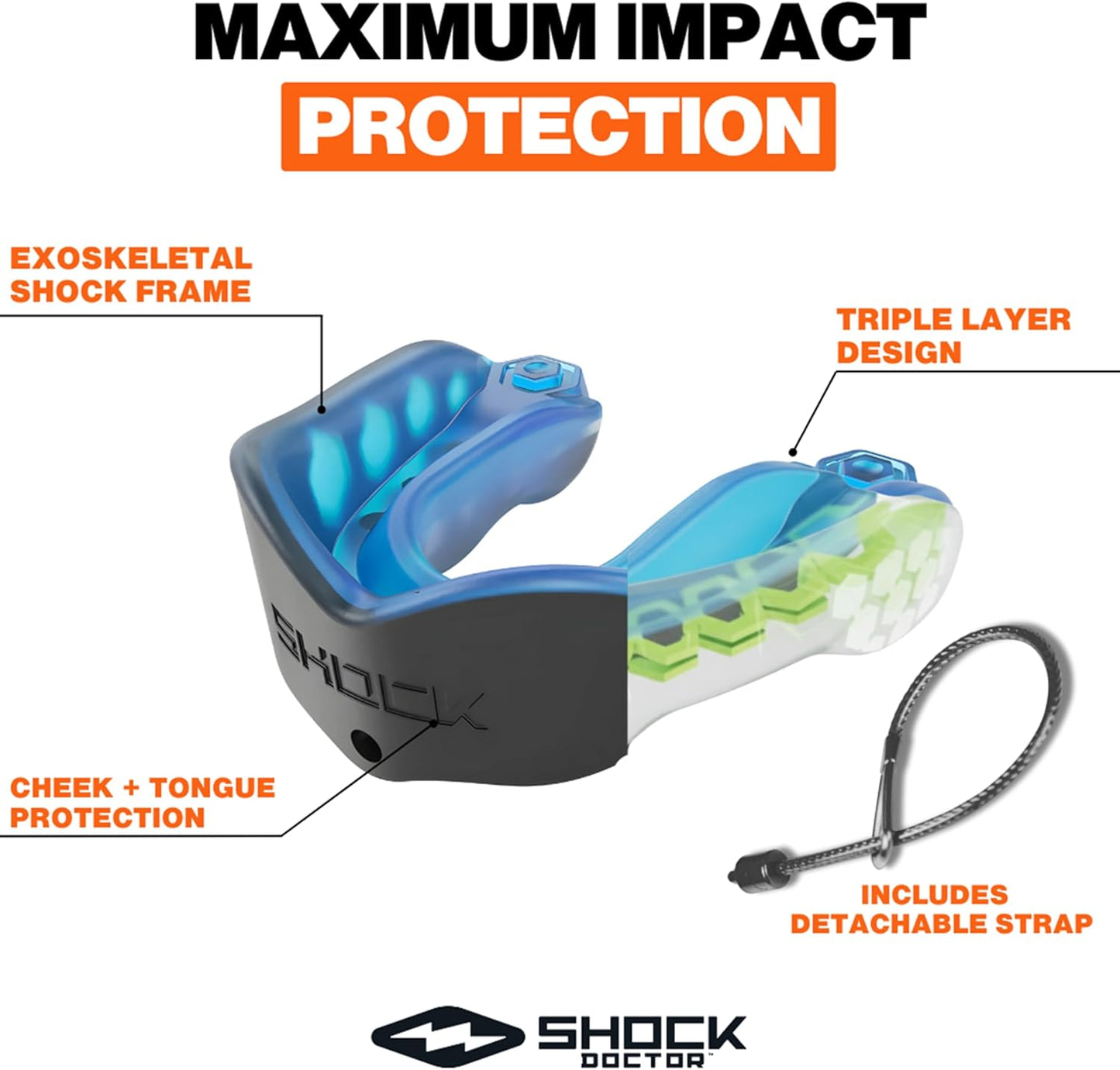 Shock Doctor Gel Max Mouthguard - Includes Attachable Tether