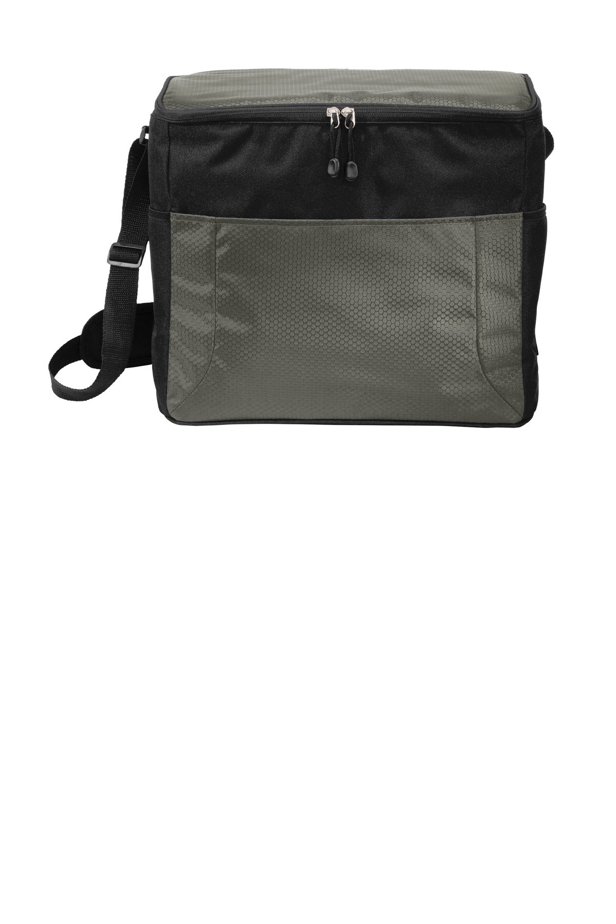Black and gray cooler bag with a shoulder strap on a white background