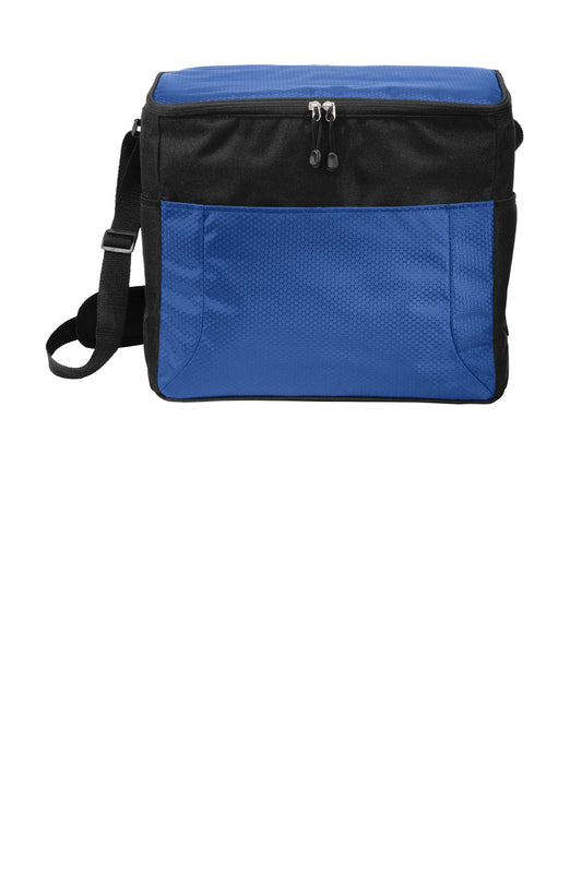 Blue and black cooler bag with a shoulder strap on a white background