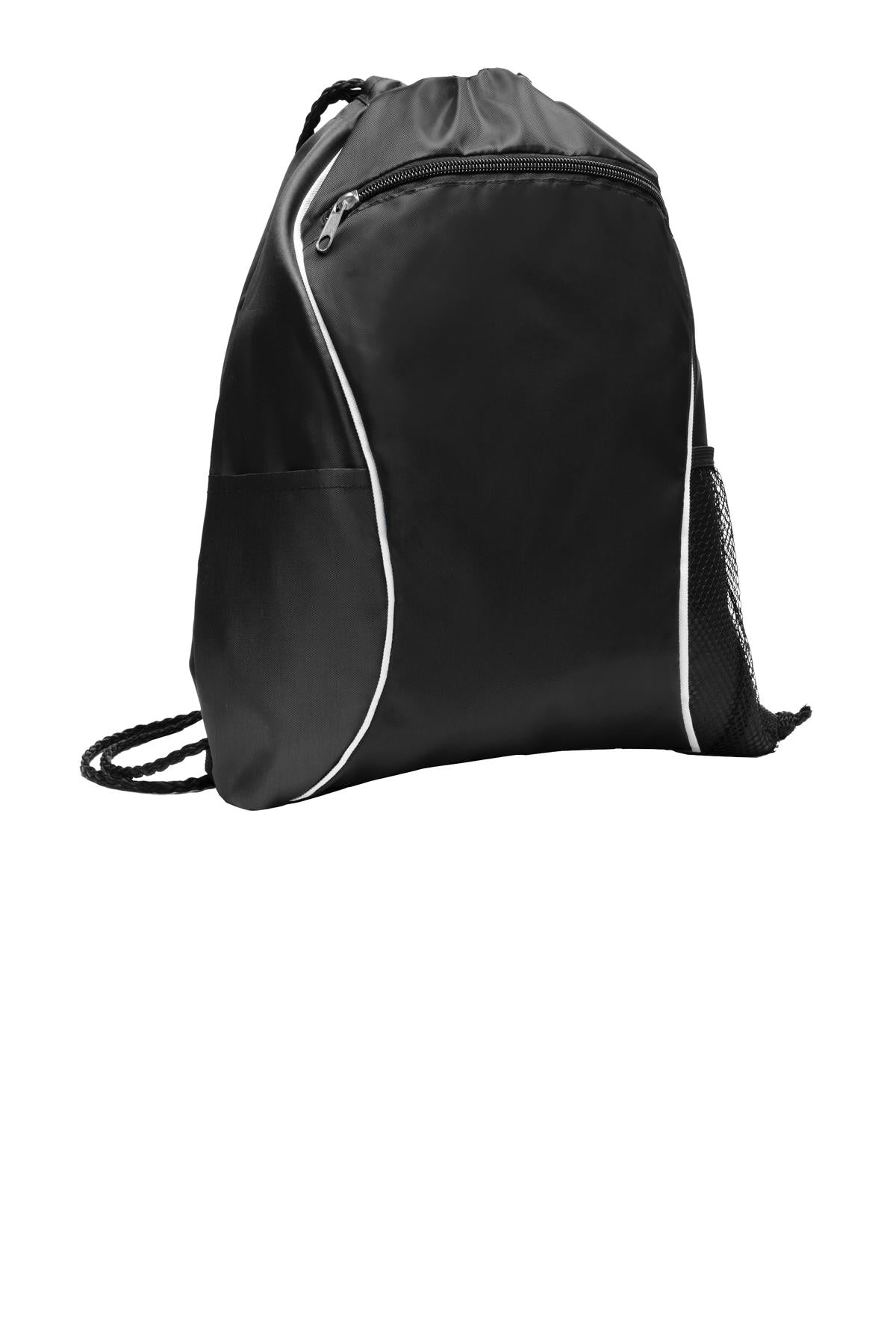 Black drawstring bag with white accents on a white background