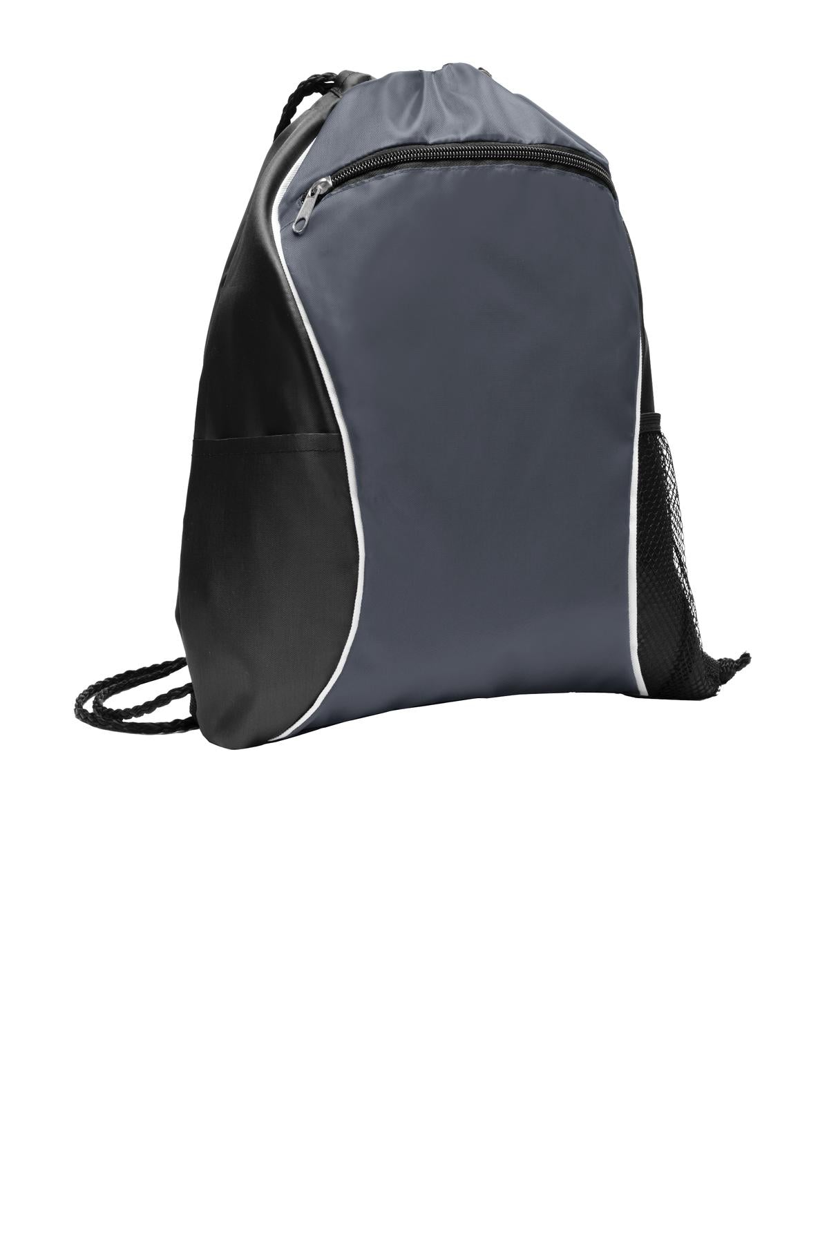 Gray drawstring bag with white trim on a white background