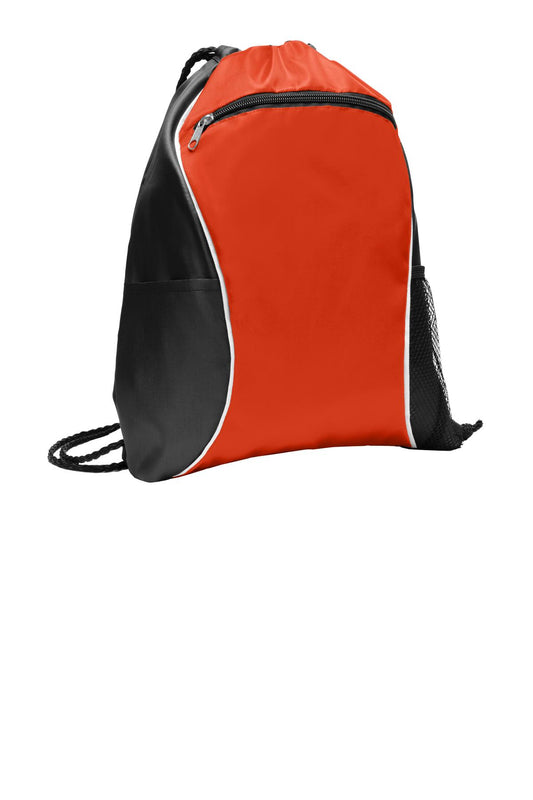 Orange drawstring bag with black accents on a white background