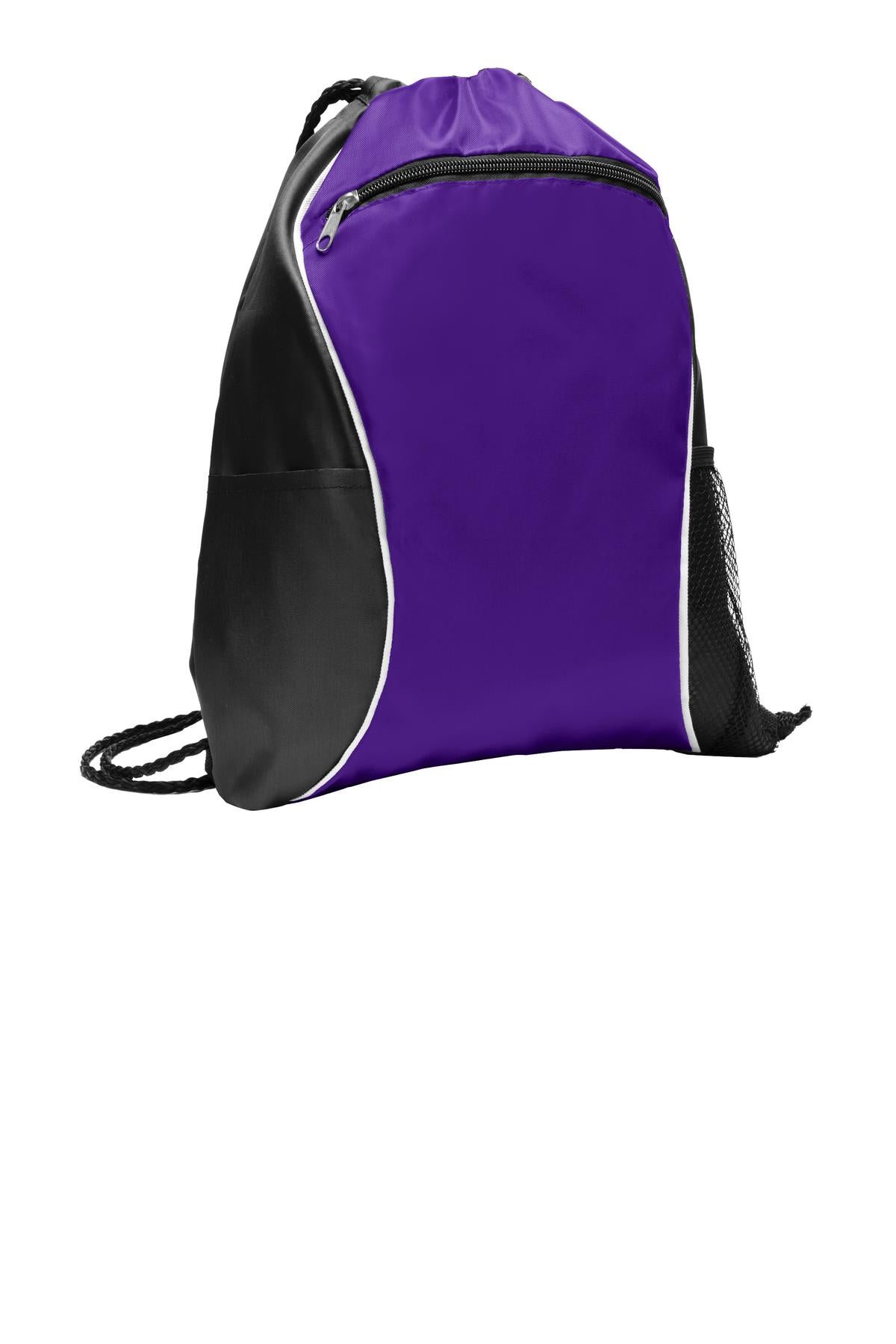 Purple drawstring bag with black accents on a white background