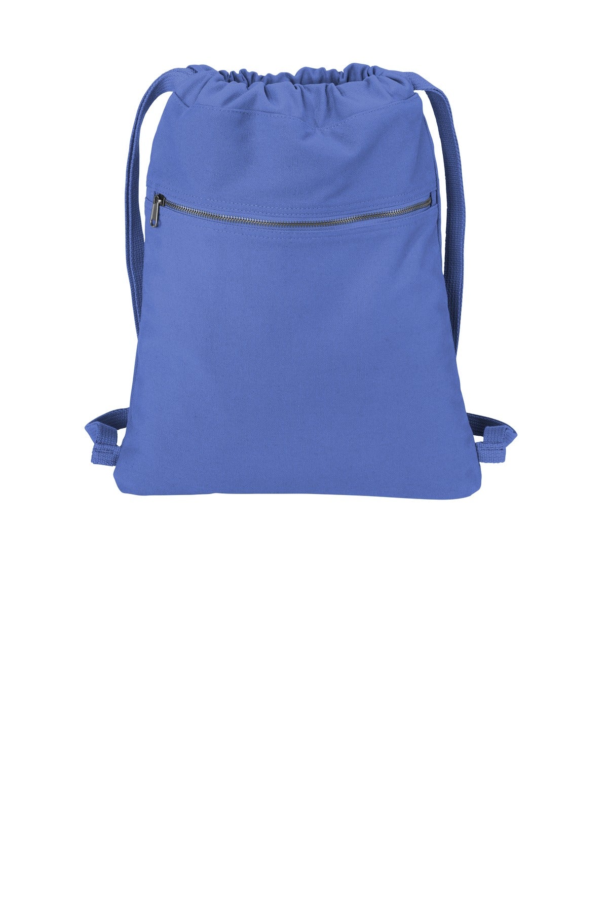 Blue drawstring bag with a zipper pocket on a white background