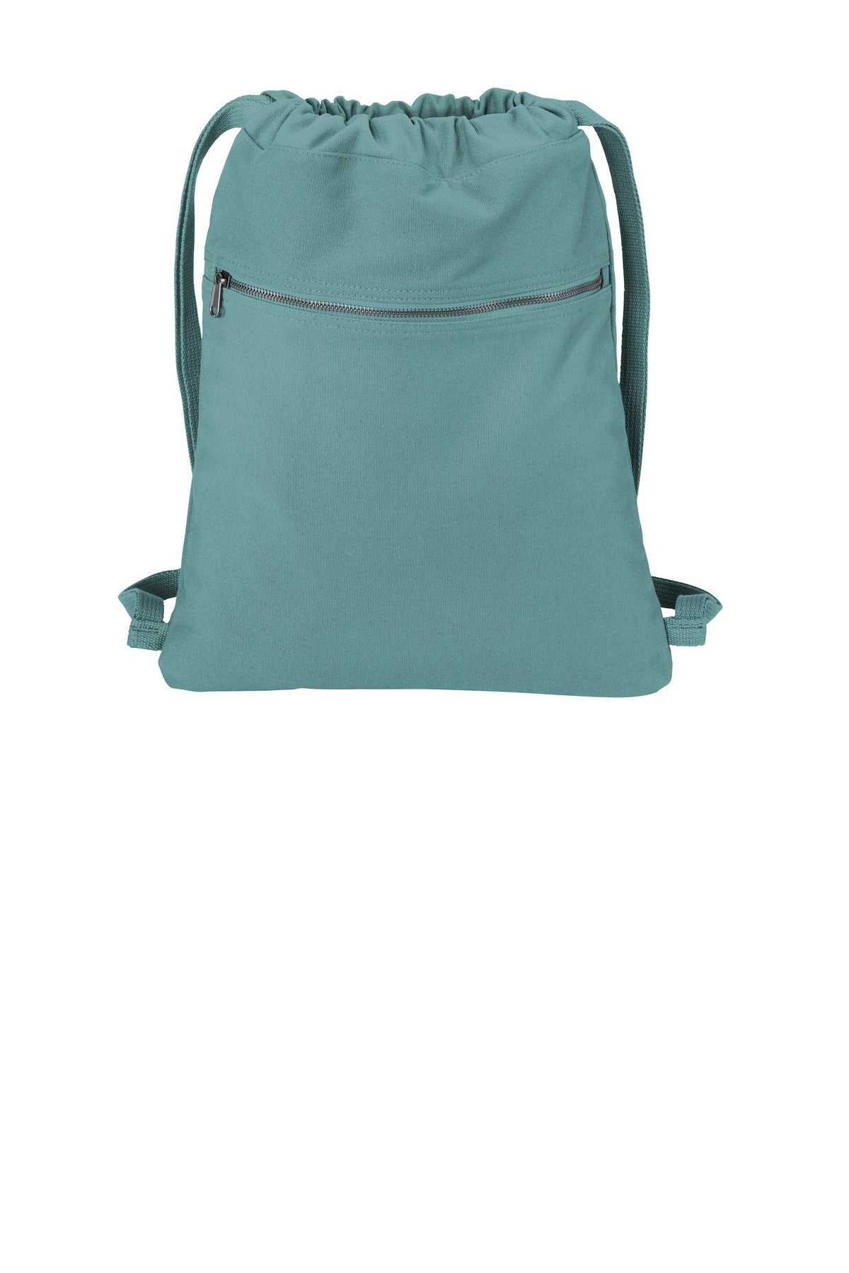 Teal drawstring bag on a white background