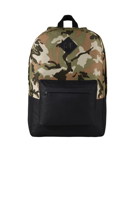 Camouflage backpack with a black front pocket on a white background
