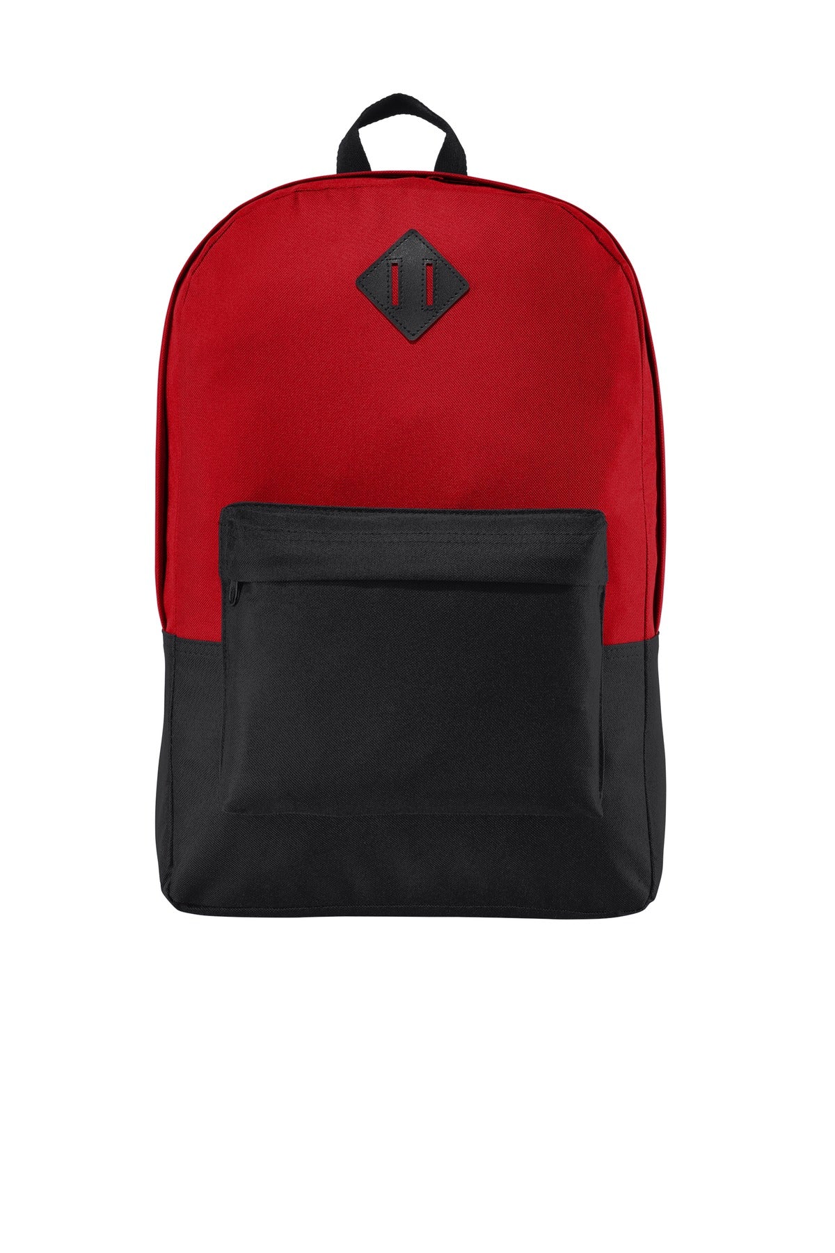 Red and black backpack with a logo on a white background