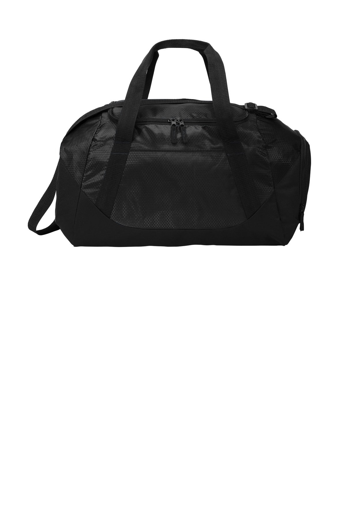 Black duffel bag on a white background