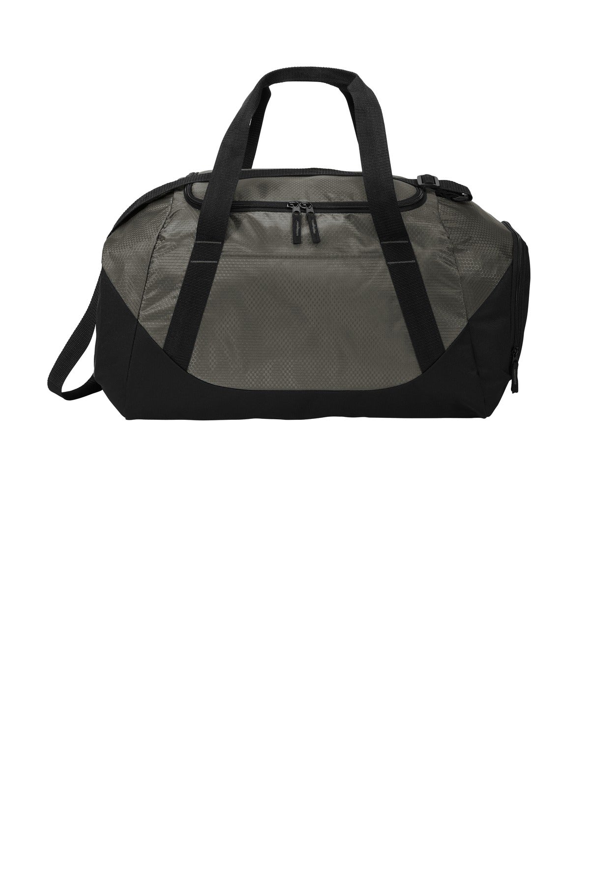 Black and gray duffel bag on a white background