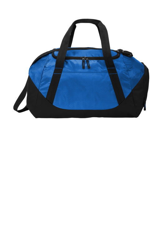 Blue and black duffel bag on a white background