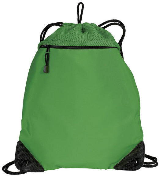 Green drawstring bag with black accents on a white background