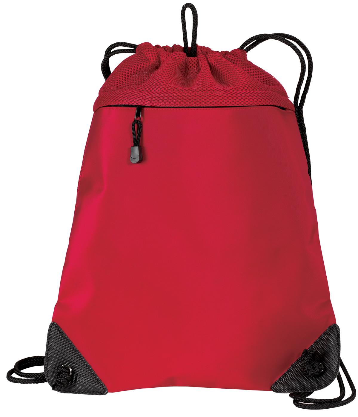 Red drawstring bag with black accents on a white background