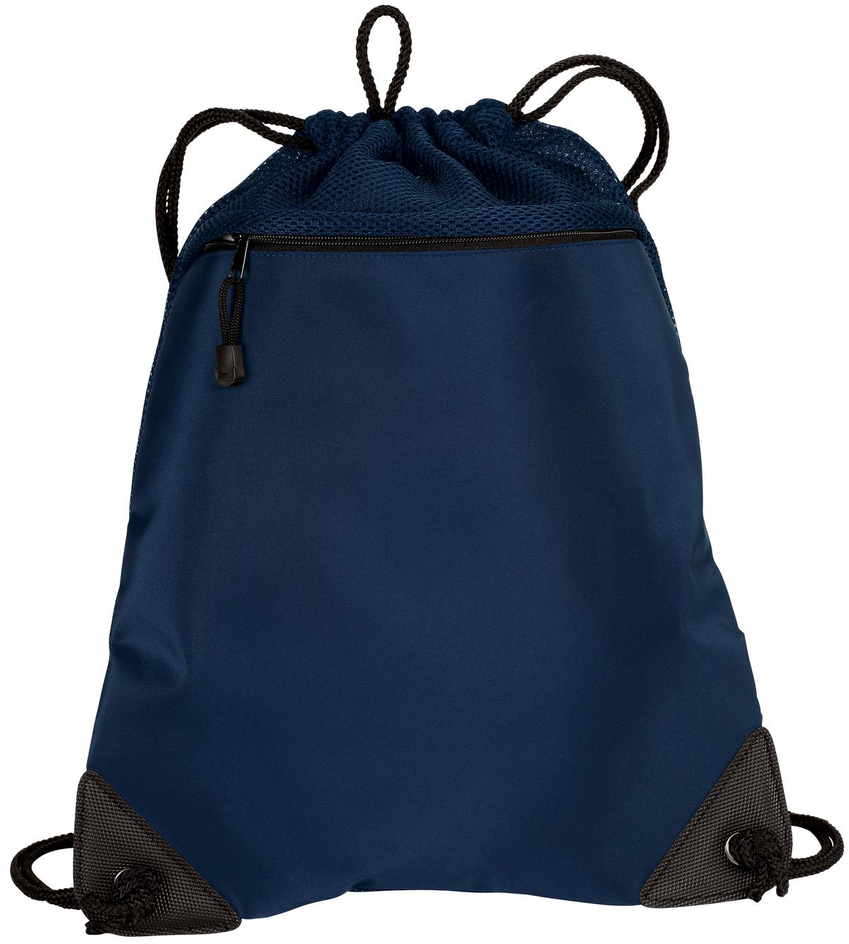 Navy blue drawstring bag with black accents on a white background